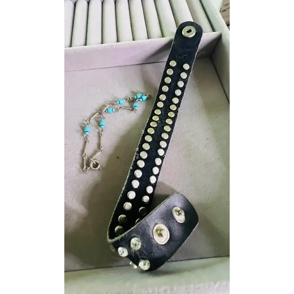 Rhinestone Studded Leather Bracelet and Beaded Chain Bracelet Set